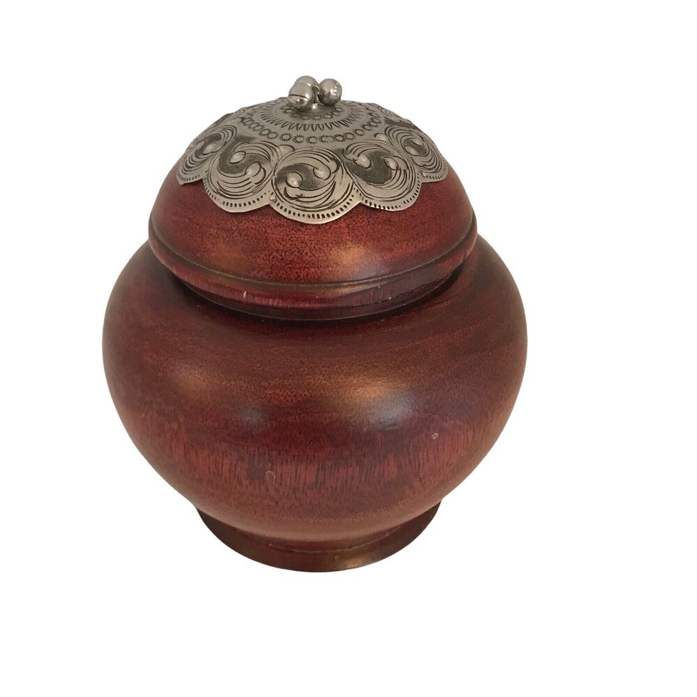 Mango Wood Round Handcrafted In Thailand Barrel Box with Silver Metal Ornament